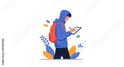 Illustration of a young man drawing on a digital tablet with a backpack in a creative process