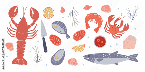 A vibrant collection of fresh seafood ingredients including lobster shrimp fish mussels and lemon slices arranged with a knife and dipping sauce