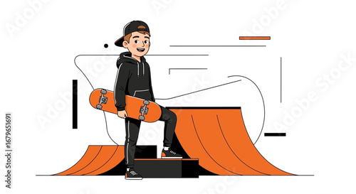 Illustration of a young person holding a skateboard at a skate park ramp