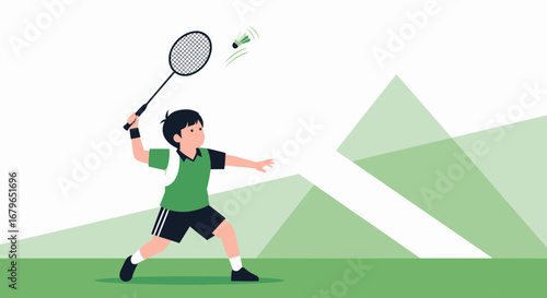 Illustration of a young person playing badminton performing a shot with a shuttlecock sport