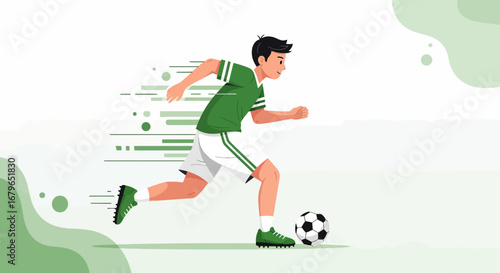 Illustration of a soccer player running and kicking the ball on a white background