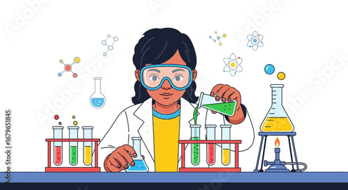 Illustration of a young scientist conducting experiments in a laboratory using beakers