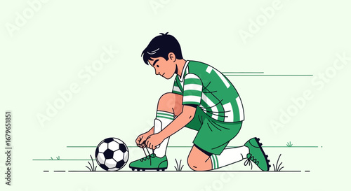 Illustration of a soccer player tying his shoelaces on the field before the game begins