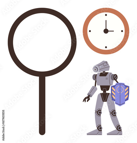 Robot holding shield stands under a large magnifying glass near a clock, expressing protection, security, and time efficiency. Ideal for technology, cybersecurity, AI, research, analysis time