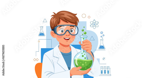 Illustration of a young scientist holding a beaker with green chemical liquid