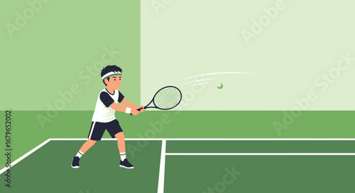 Illustration of a young tennis player hitting tennis ball during a match or practice