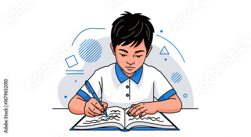 Illustration of a young student writing in a book learning at school studying homework