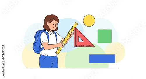 Illustration of a student measuring with ruler, educational concept about mathematics