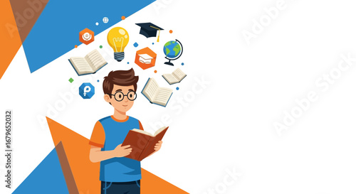Illustration of a student reading a book, concept of education and knowledge