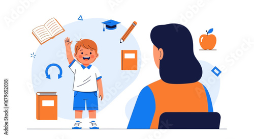 Illustration of a student raising his hand in class with a teacher and educational objects