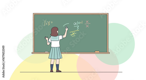 Illustration of a student solving a math problem on a chalkboard in a classroom setting
