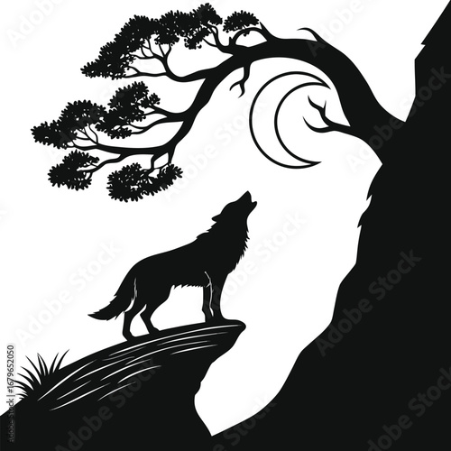Wolf howling under spiral cliff silhouette
