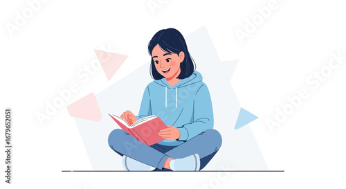 Illustration of a young woman reading a book in a comfortable sitting position