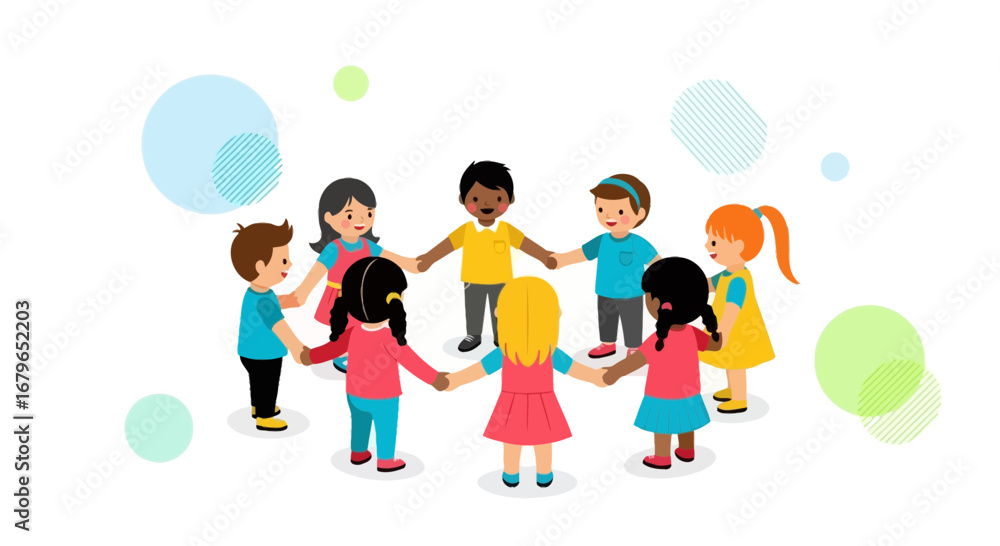 Fototapeta premium Illustration of children holding hands and playing together in a circle group