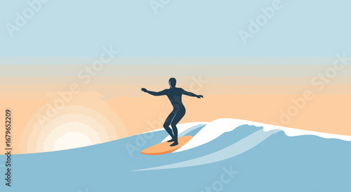 Illustration of a surfer catching a wave with a vibrant sunset background