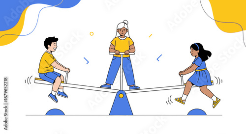 Illustration of children playing on a seesaw at a playground in a cheerful and colorful design