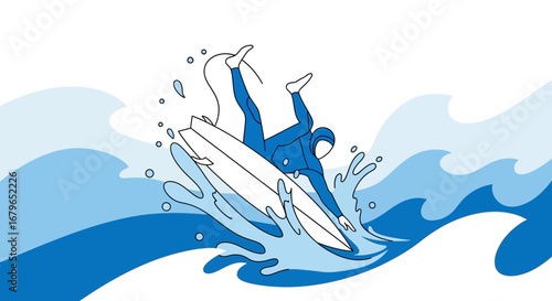 Illustration of a surfer falling off a surfboard in the ocean with a blue wave and background
