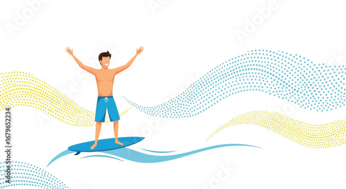 Illustration of a Surfer Celebrating with Arms Up on surfboard over a vector background