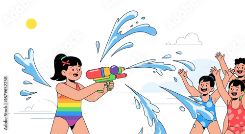 Illustration of Children Playing with a Water Gun and Enjoying Summer Fun