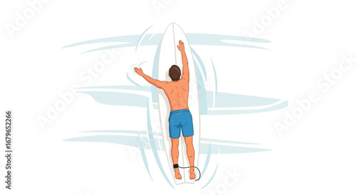 Illustration of a Surfer Laying on a Surfboard in the Water, Overhead View Illustration