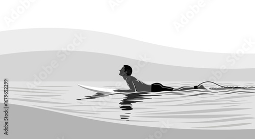 Illustration of a surfer on a surfboard in the calm ocean water, monochrome