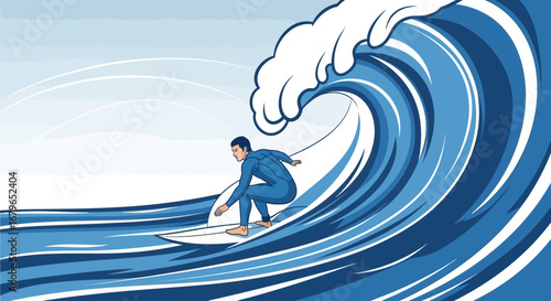 Illustration of a surfer riding a large wave in a cool blue ocean environment