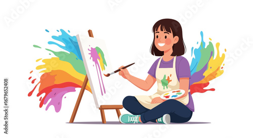 Illustration of Girl Painting a Canvas with Colorful Paint Splashes in Artistic Style