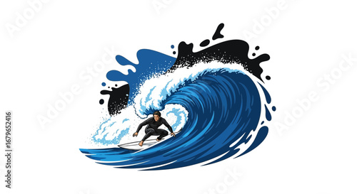 Illustration of a surfer riding a large ocean wave in a stylized artistic design