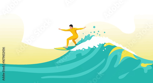 Illustration of a surfer riding a wave at the beach enjoying water sports, vector artwork
