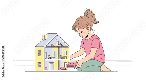 Illustration of girl plays with a dollhouse putting furniture in the toy house