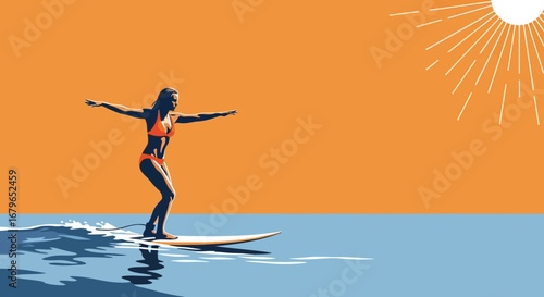 Illustration of a surfer riding a wave during sunset with vibrant colors no special characters