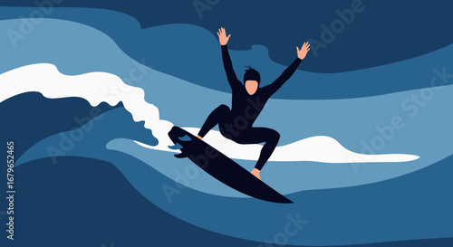 Illustration of a Surfer Riding a Wave During Surfing in the Ocean Sport