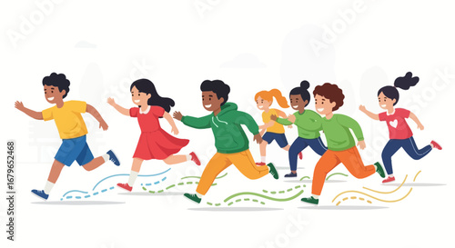 Illustration of happy diverse children running and playing together having fun outdoors