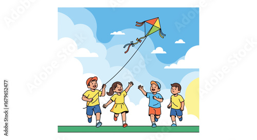 Illustration of happy kids playing with a kite in the park on a beautiful sunny day