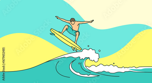 Illustration of a surfer riding a wave in a minimalist and colorful style