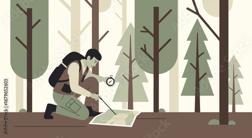 Illustration of male hiker using a map and compass in a serene forest environment