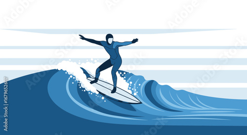 Illustration of a Surfer Riding a Wave in the Ocean, Capturing Sporting Action