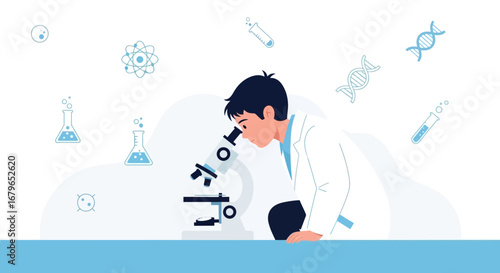Illustration of Lab Researcher Examining Specimen with a Microscope in Innovative Science Study