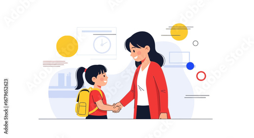 Illustration of Mother and Daughter Handshake in a School Setting