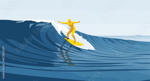 Illustration of a surfer riding a wave in yellow on a surfboard in an illustration