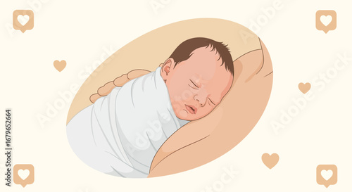 Illustration of Newborn Baby Sleeping Comfortably in Mother's Arms, Vector Art