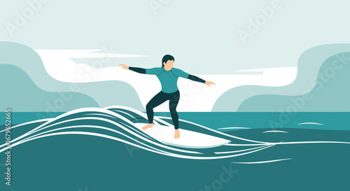 Illustration of a surfer riding a wave on a surfboard with simple flat design style