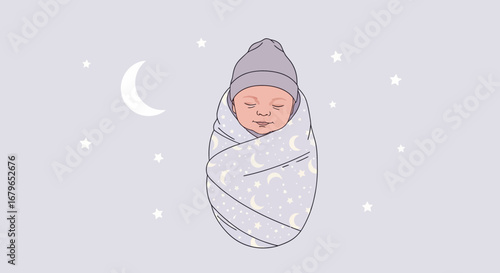 Illustration of Newborn Baby Sleeping Wrapped in Swaddling with Moon and Stars