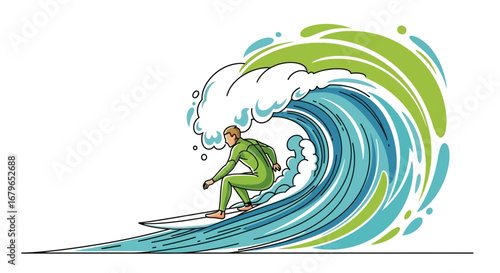 Illustration of a surfer riding a wave stylized in a vector graphic design style