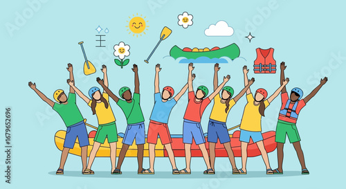 Illustration of People Celebrating White Water Rafting Adventure or Outdoor Recreation Fun
