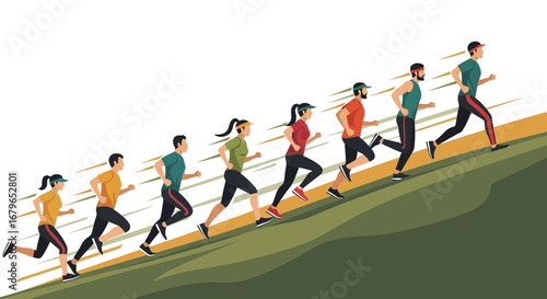 Illustration of People Running Up a Hill Representing Fitness and Exercise Concept