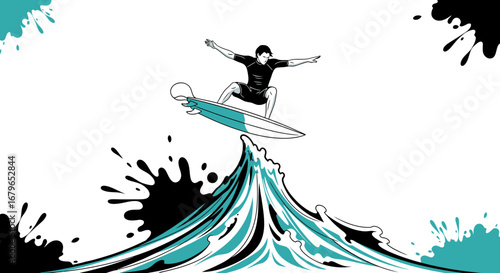 Illustration of a surfer riding a wave, a graphic minimalist design with ink splash effects