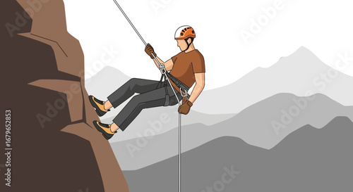 Illustration of person rappelling down a rock face with mountain range in the background