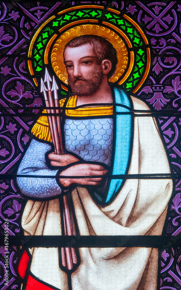 Obraz premium Stained glass (19th century) of Saint Sebastian Martyr and catholic Saint.