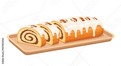 Illustration of sliced cinnamon roll with cream cheese frosting on a serving tray